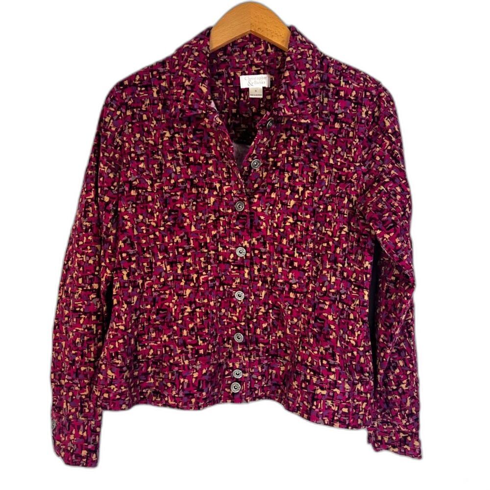 Christopher & Banks Pink Abstract Lightweight Rivet Button Front Jacket Size SM